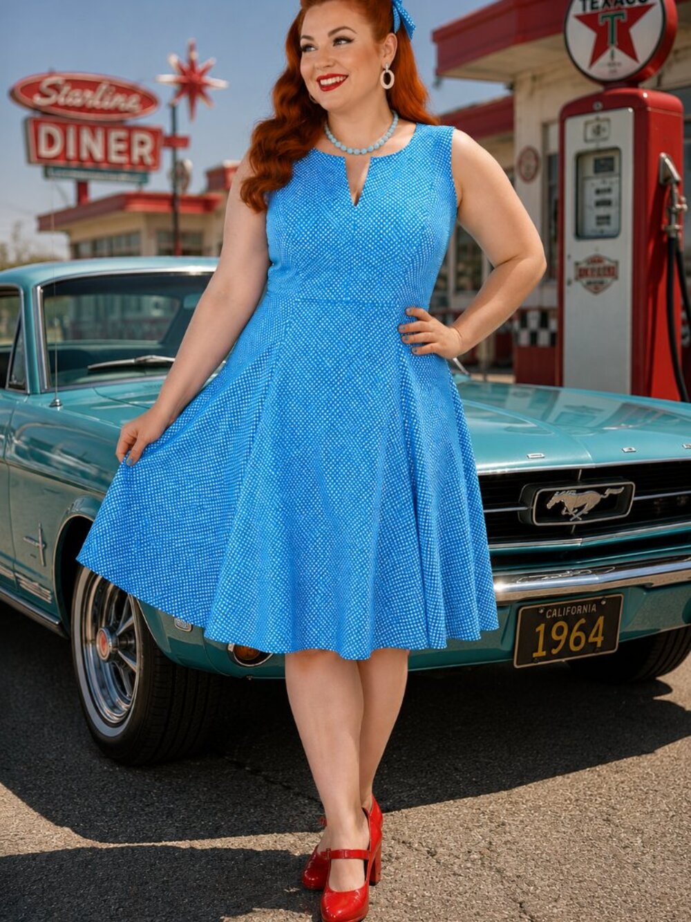 Chaps Sz 16 Blue Gingham Fit & Flare Dress Retro Rockabilly 50s 60s